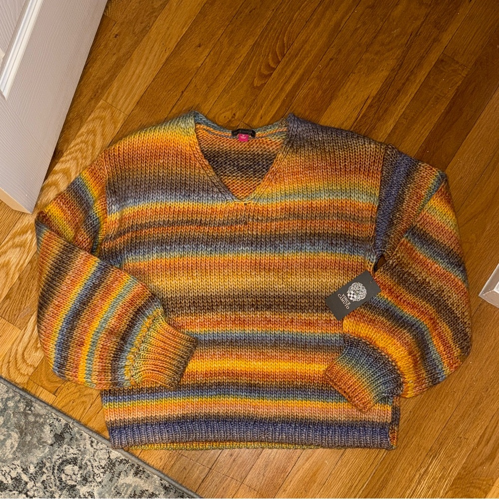 NWT Vince Camuto Brown and Orange citrus Striped V-Neck Sweater size M - Picture 2 of 5